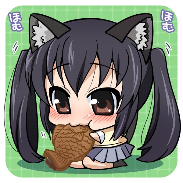 animal_ears black_hair brown_eyes cat_ears cat_tail chibi eating food k-on! long_hair nakano_azusa school_uniform tail taiyaki twintails umigame wagashi