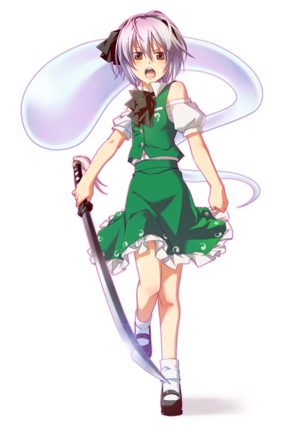 bob_cut hair_ribbon highres konpaku_youmu konpaku_youmu_(ghost) mary_janes messy_hair myon onemu onemu_(artist) open_mouth orange_eyes ribbon shoes short_hair silver_hair skirt socks solo sword touhou vest walking weapon