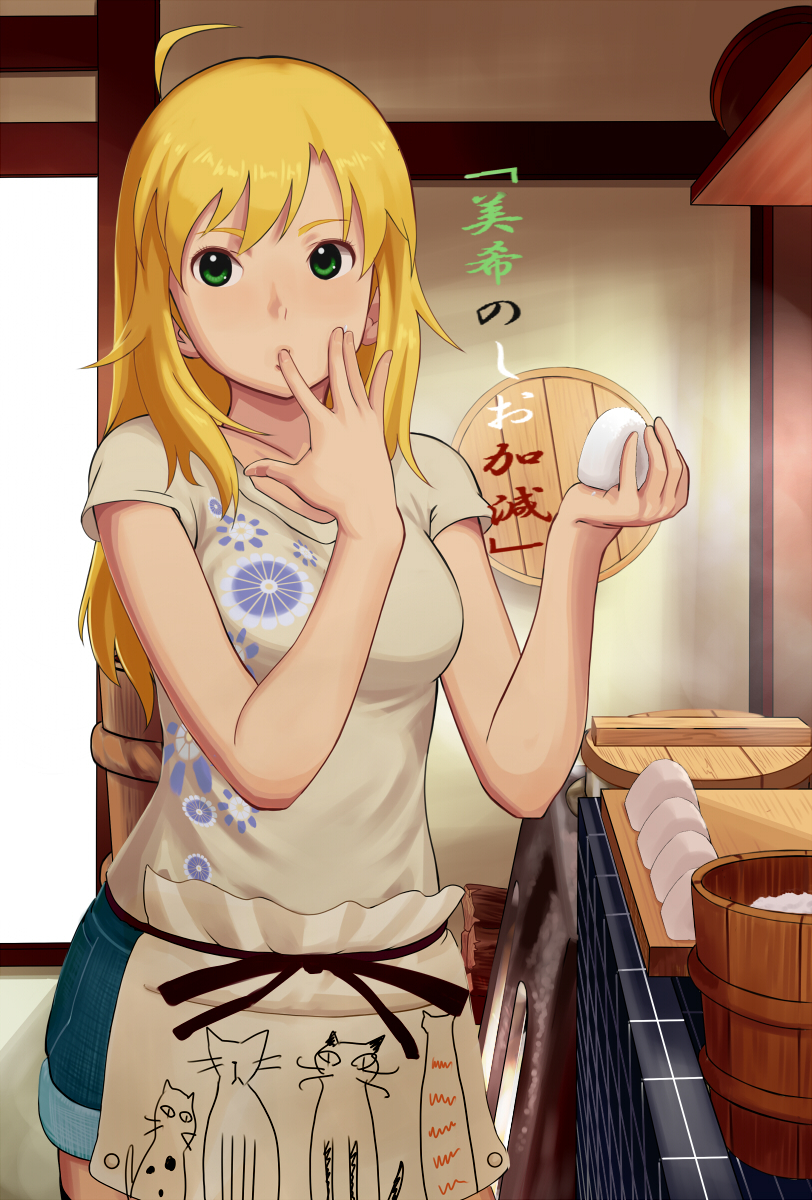 apron blonde_hair breasts bucket casual denim denim_shorts face finger_in_mouth finger_to_mouth green_eyes highres hoshii_miki idolmaster idolmaster_2 kitchen long_hair onigiri pettan_p rice shorts solo sucking t-shirt translation_request