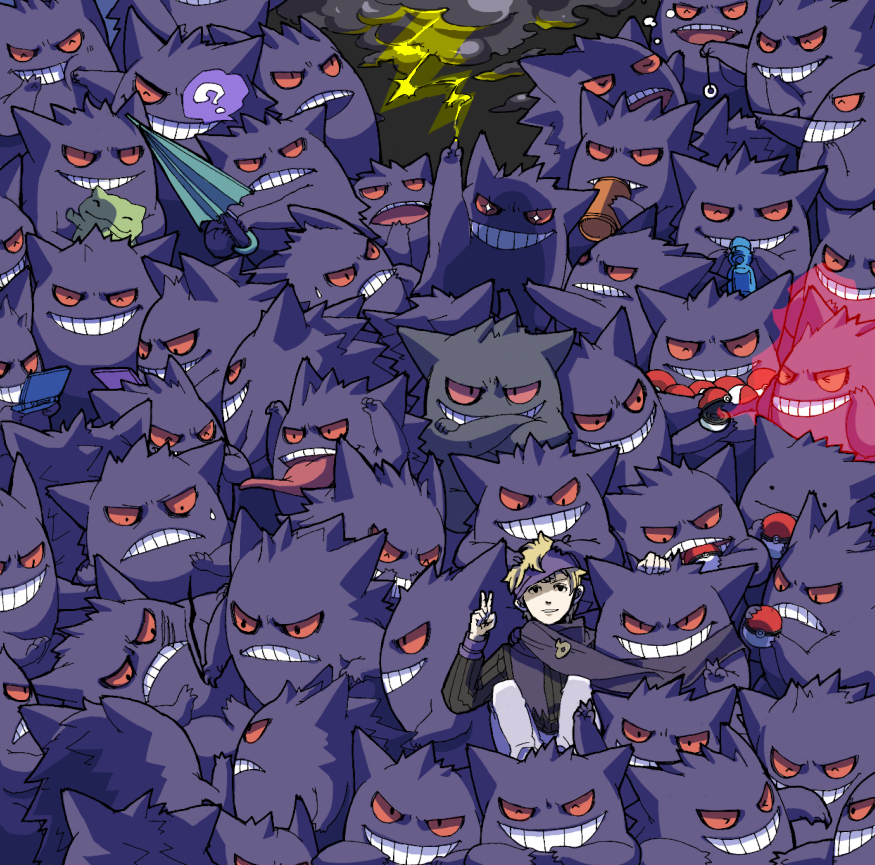 ? alternate_color annotated bottle ditto doll dot_pupils evil expressions gengar ghost gunbuster_pose holding holding_poke_ball lightning matsuba_(pokemon) mixhot move_chart multiple_persona nintendo_ds open_poke_ball poke_ball pokemon pokemon_(game) pokemon_gsc red_sclera serious shiny_pokemon substitute thunder transformed_ditto umbrella v