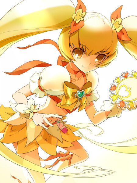 blonde_hair boots choker cure_sunshine dress futari_wa_precure hair_ribbon happy heart heartcatch_precure! knee_boots legs long_hair magical_girl midriff myoudouin_itsuki navel orange_eyes potpurri precure ribbon shiny_tambourine skirt smile solo twintails very_long_hair waxwa white_background yellow_dress