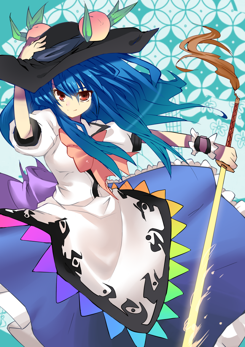 apron bad_id blue_hair bow food fruit garigarigari hand_on_hat hat hinanawi_tenshi long_hair long_skirt peach red_eyes skirt smile solo sword sword_of_hisou touhou weapon