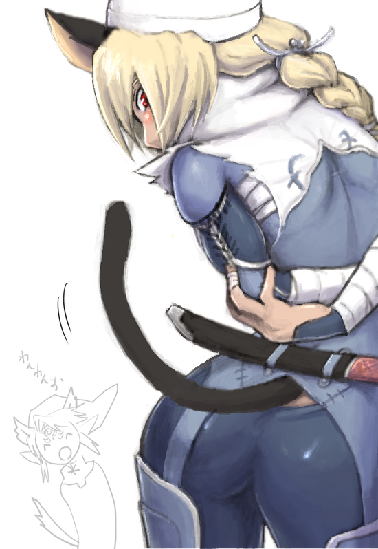 androgynous animal_ears ass blonde_hair blush braid cat_tail goma_tonbi kemonomimi_mode link long_hair looking_back nintendo ocarina_of_time pointy_ears red_eyes reverse_trap sheik single_braid smile tail the_legend_of_zelda translated