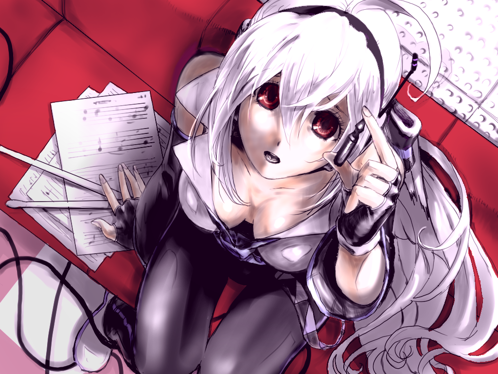 bad_id breasts cleavage couch down_blouse drumsticks fingerless_gloves from_above gloves headphones idsuru ponytail red_eyes sheet_music solo twintails vocaloid white_hair yowane_haku