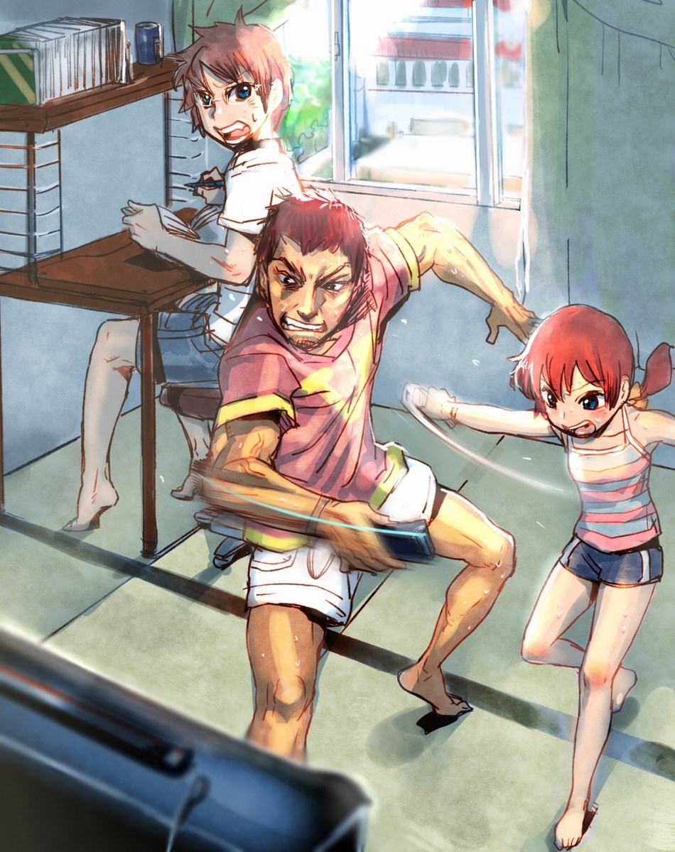 blue_eyes bow_(artist) bow_(bhp) desk glasses highres original playing_games red_hair redhead shorts single_vertical_stripe striped tank_top wii wii_remote