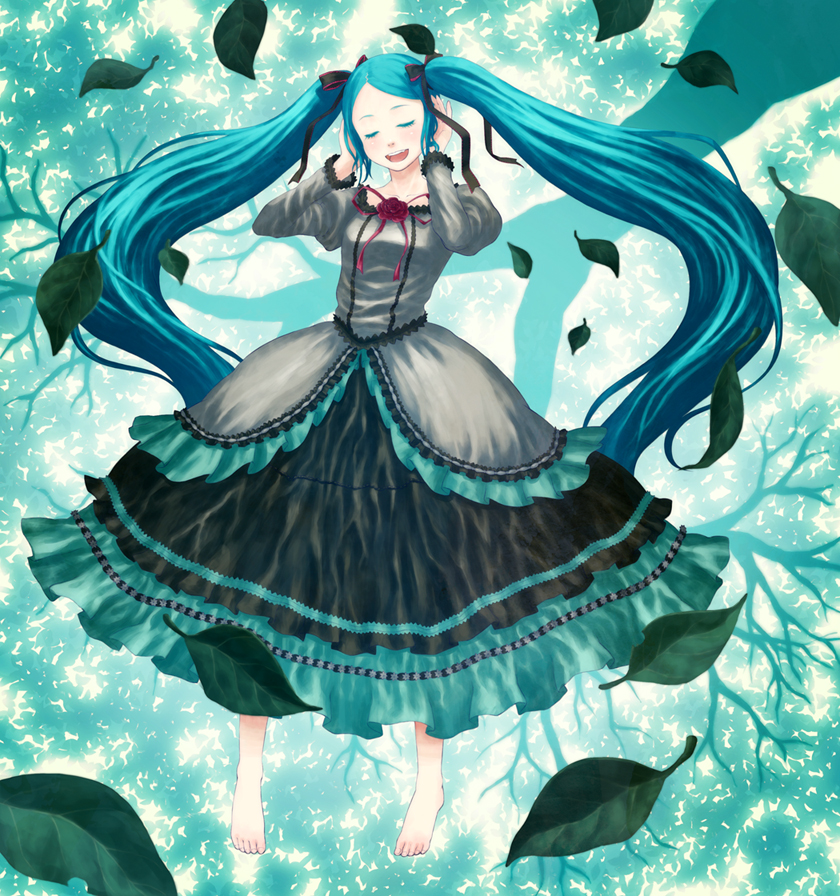 barefoot closed_eyes dress gahon hair_ribbon hatsune_miku leaf ribbon roots twintails vocaloid