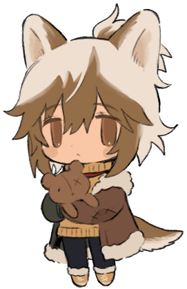 1boy :&lt; animal_ears black_pants borrowed_character brown_coat brown_eyes chibi closed_mouth coat dog_boy dog_ears dog_tail full_body fur-trimmed_coat fur-trimmed_footwear fur_trim hair_between_eyes hands_up high_ponytail holding holding_stuffed_toy lapithai long_sleeves looking_at_viewer lowres male_focus multicolored_hair original pants short_hair simple_background solo standing stuffed_animal stuffed_toy sweater tail teddy_bear transparent_background turtleneck turtleneck_sweater yellow_footwear yellow_sweater