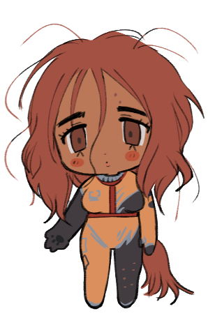 1girl :o black_bodysuit blush_stickers bodysuit borrowed_character brown_eyes brown_hair chest_harness chibi dog_girl dog_tail full_body hair_between_eyes harness lapithai long_hair looking_at_viewer lowres messy_hair orange_bodysuit original simple_background solo standing tail tareme transparent_background