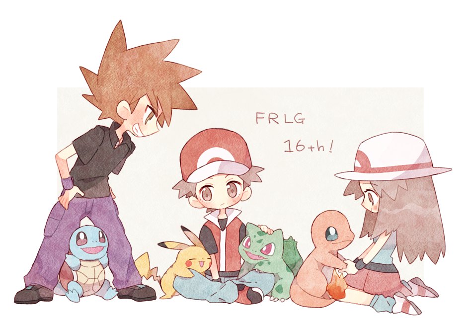 1girl 2boys anniversary arms_up baseball_cap black_footwear black_shirt black_wristband blue_eyes blue_oak blue_pants blue_shirt blue_socks bright_pupils brown_eyes brown_hair bulbasaur charmander chibi closed_eyes collared_shirt copyright_name expressionless fangs flame-tipped_tail full_body grey_background grin hand_on_lap happy hat high_collar jacket kneeling leaf_(pokemon) leaning_forward long_hair looking_down looking_up mgomurainu multiple_boys open_mouth pants pikachu pokemon pokemon_(creature) pokemon_frlg purple_pants purple_wristband red_(pokemon) red_eyes red_footwear red_headwear red_jacket red_skirt shirt shoes short_hair short_sleeves sitting skirt sleeveless sleeveless_shirt smile socks spiky_hair squirtle standing turtle white_headwear wristband