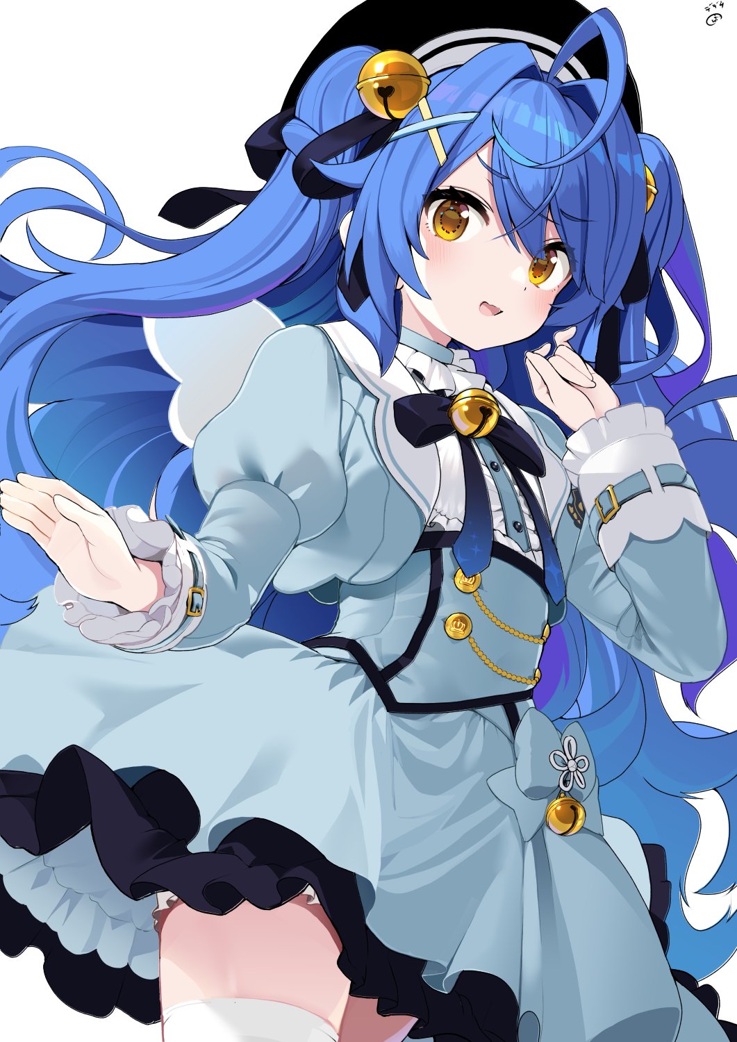 1girl amamiya_kokoro amamiya_kokoro_(1st_costume) bell beret black_headwear blue_bow blue_bowtie blue_dress blue_hair bow bowtie cowboy_shot dress frilled_dress frills hair_bell hair_between_eyes hair_ornament hands_up hashtag_only_commentary hat highres juliet_sleeves long_hair long_sleeves looking_at_viewer neck_bell nejime nijisanji puffy_sleeves solo thigh-highs two_side_up virtual_youtuber white_thighhighs x_hair_ornament yellow_eyes
