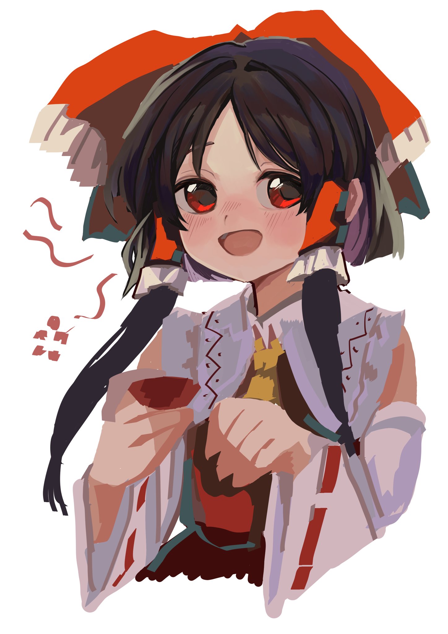 1girl :d alcohol autumn_leaves blush dress drinking frilled_dress frilled_hair_tubes frills hair_ribbon hair_tubes hakurei_reimu happy highres matsukuzu neckerchief no_lineart nontraditional_miko off_shoulder painterly parted_bangs plate red_eyes relaxing ribbon sake short_hair_with_long_locks simple_background smile tasting_plate thread touhou upper_body wide_sleeves