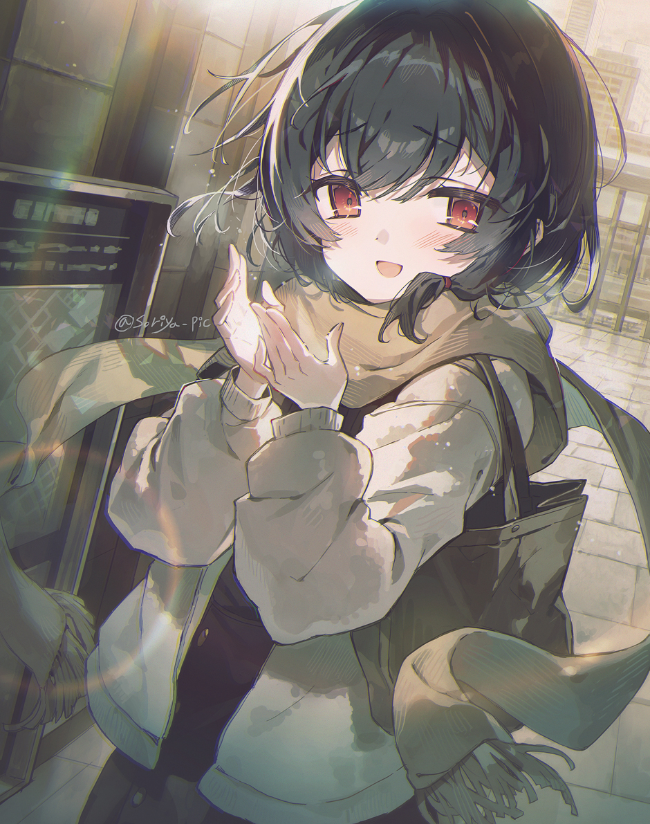 1girl black_bag black_hair black_shirt blush building cobblestone commentary_request cowboy_shot dot_nose hands_up idolmaster idolmaster_shiny_colors jacket looking_at_viewer messy_hair morino_rinze muted_color open_mouth outdoors railing red_eyes scarf shirt short_hair sign smile solo soriya warming_hands white_jacket yellow_scarf