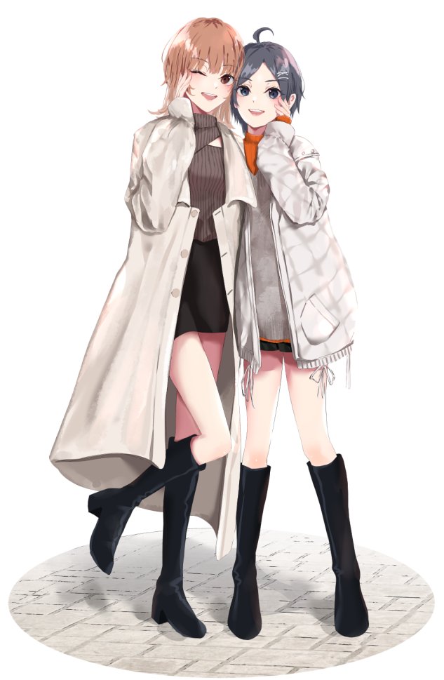 2girls ahoge black_footwear black_hair black_skirt blue_eyes boots brown_hair brown_sweater cleavage_cutout clothing_cutout coat full_body hair_ornament hand_on_own_cheek hand_on_own_face hayase_illusut hikigaya_komachi isshiki_iroha jacket knee_boots looking_at_viewer miniskirt multiple_girls one_eye_closed open_mouth pencil_skirt ribbed_sweater short_hair simple_background skirt smile standing stone_floor sweater upper_body white_background white_coat white_jacket winter_clothes x_hair_ornament yahari_ore_no_seishun_lovecome_wa_machigatteiru.