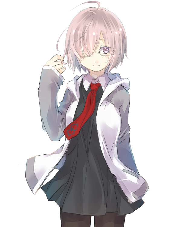 1girl black_dress closed_mouth collared_dress cowboy_shot dress fate/grand_order fate_(series) glasses grey_jacket hair_over_one_eye hand_up hood hood_down hooded_jacket jacket kujimaru long_sleeves mash_kyrielight multicolored_clothes multicolored_jacket necktie pantyhose pink_hair red_necktie short_hair simple_background smile solo two-tone_jacket violet_eyes white_background white_jacket