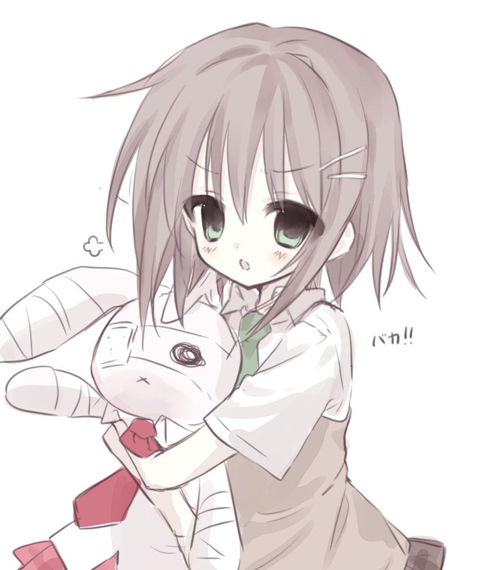 1girl annoyed anone_(00x02) blush brown_sweater_vest collared_shirt green_eyes green_necktie hair_ornament hairclip hugging_object light_brown_hair looking_at_viewer mamiya_hasaki necktie parted_bangs shirt short_hair short_sleeves simple_background solo stuffed_animal stuffed_rabbit stuffed_toy subarashiki_hibi sweater_vest translated upper_body white_background