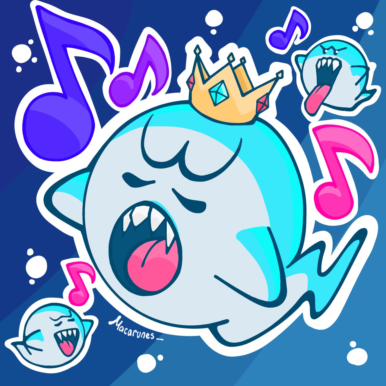 3boys artist_name blue_background boo_(mario) crown ghost ghost_tail highres king_boo m4carunes multiple_boys music musical_note nintendo open_mouth singing super_mario_bros. super_mario_bros._wonder tongue tongue_out
