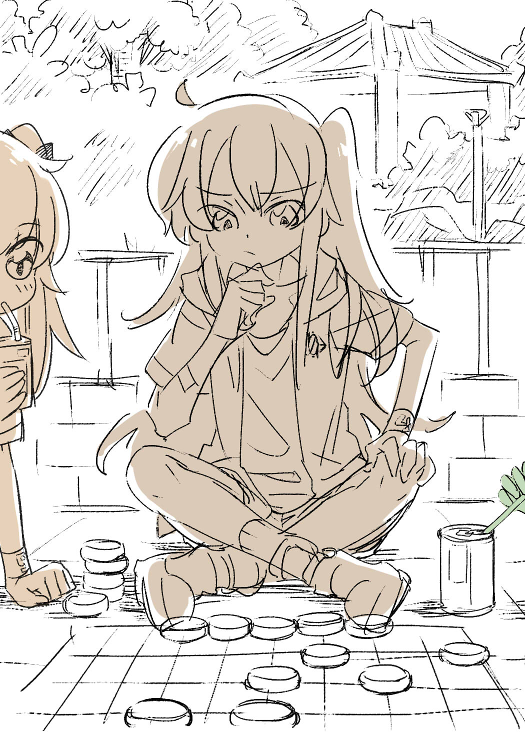 2girls ahoge board_game can chinese_commentary commentary_request drinking drinking_straw foliage full_body girls_frontline hair_between_eyes hair_ribbon hand_on_own_knee highres indian_style jacket juice_box leaf long_hair looking_down multiple_girls one_side_up partially_colored ribbon shirt shoes short_sleeves sitting socks su_xiao_jei thinking ump45_(girls'_frontline) ump9_(girls'_frontline) wristband