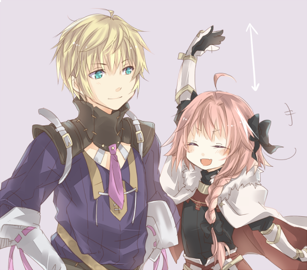 +++ 2boys :d ahoge aqua_eyes arm_up arrow_(symbol) astolfo_(fate) belt black_bow black_shirt blonde_hair blush bow braid cape closed_eyes closed_mouth facing_another fate/grand_order fate_(series) fur-trimmed_cape fur_trim grey_belt hair_bow hands_on_own_hips height_difference kujimaru looking_at_another male_focus multicolored_hair multiple_boys necktie open_mouth otoko_no_ko pink_hair purple_necktie purple_shirt rerebrace roland_(fate) shirt shoulder_belt simple_background smile streaked_hair upper_body white_cape white_hair