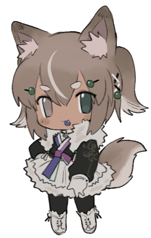 1girl animal_ear_fluff animal_ears black_pants blue_eyes borrowed_character brown_eyes brown_hair chibi colored_tongue dog_ears dog_girl dog_tail fang full_body fur-trimmed_skirt fur_collar fur_trim gloves grey_gloves grey_pants grey_skirt hair_between_eyes hair_ornament hairpin hanbok hand_on_own_hip korean_clothes lapithai long_sleeves looking_at_viewer lowres multicolored_hair open_mouth original pants pigeon-toed purple_tongue short_eyebrows short_hair simple_background skirt solo standing streaked_hair tail transparent_background two_side_up v