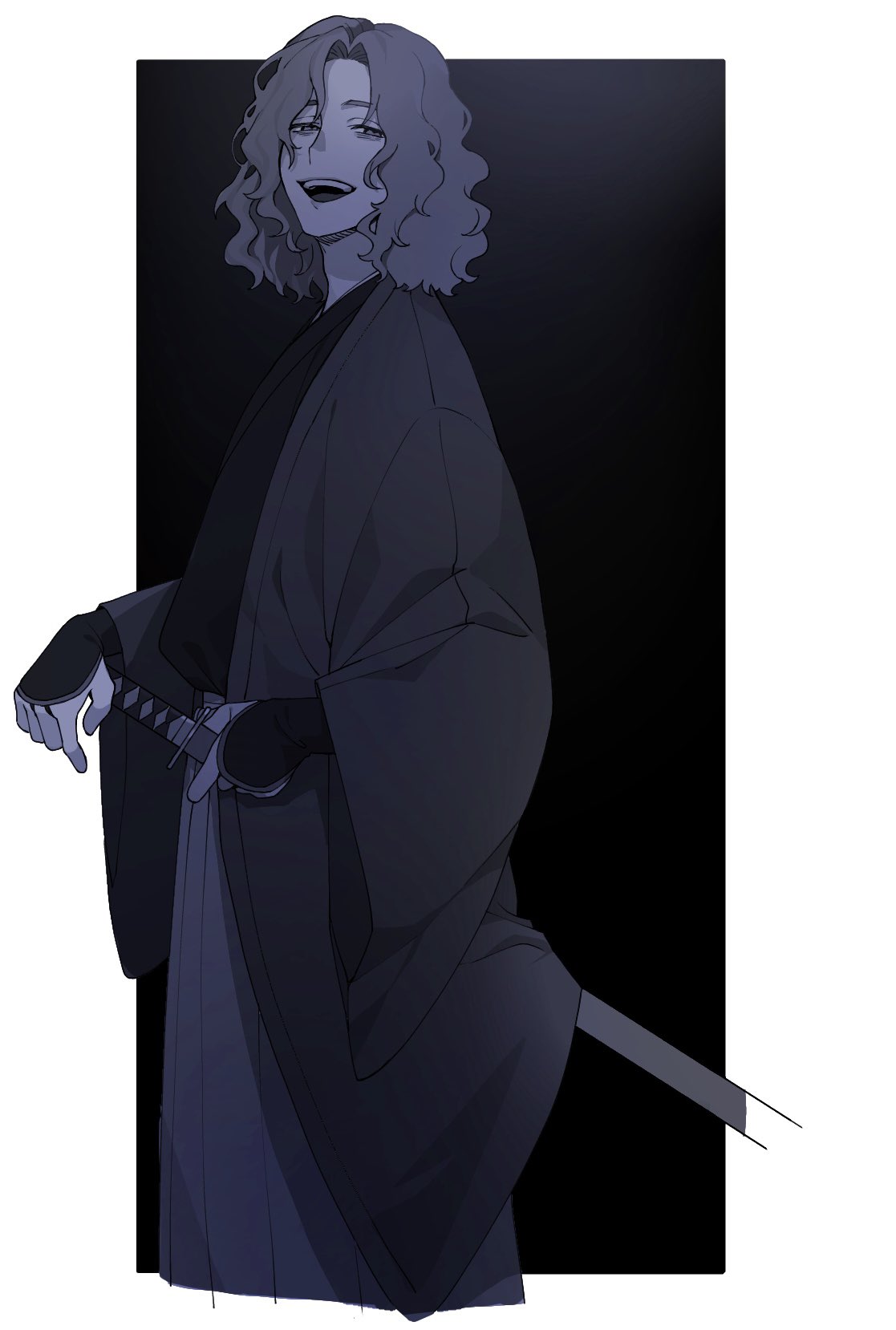 1boy :d bags_under_eyes black_background fate/grand_order fate_(series) greyscale hakama half-closed_eyes haori highres holding holding_sheath japanese_clothes katana kimono looking_at_viewer male_focus medium_hair messy_hair monochrome not_anpn open_mouth saitou_hajime_(fate) sheath sheathed simple_background smile solo sword teeth two-tone_background upper_teeth_only weapon white_background