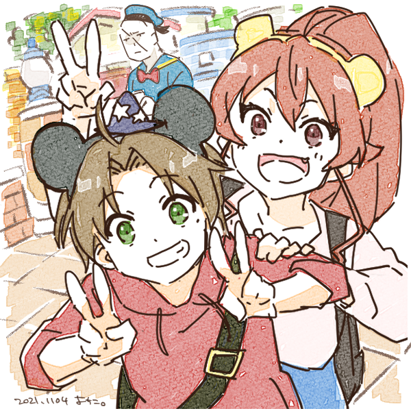 alternate_universe backpack bag bald black_bag brick_wall brown_hair contemporary cosplay dated donald_duck donald_duck_(cosplay) double_v eris_greyrat frown green_eyes hair_between_eyes hand_on_another's_shoulder hat medium_hair mickey_mouse_ears mini_hat mushoku_tensei open_mouth ponytail red_eyes red_shirt rudeus_greyrat ruijerd_superdia saitou_yoshiko shirt short_hair signature sketch smile taking_picture teeth unhappy v wizard_hat