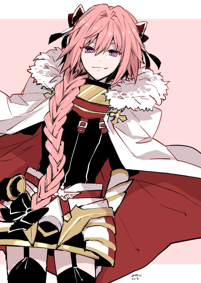 1boy astolfo_(fate) black_bow black_thighhighs bow braid cape dated fang fate/apocrypha fate/grand_order fate_(series) fur-trimmed_cape fur_trim garter_straps hair_bow hair_intakes long_hair looking_at_viewer male_focus multicolored_hair otoko_no_ko pink_hair signature single_braid skirt smile solo thigh-highs two-sided_cape two-sided_fabric two-tone_background violet_eyes wand3754