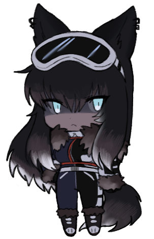 1girl :&lt; animal_ears black_bodysuit black_footwear black_hair blue_bodysuit blue_eyes bodysuit borrowed_character brown_hair chest_harness chibi closed_mouth colored_sclera colored_tips dark-skinned_female dark_skin dog_ears dog_girl dog_tail ear_piercing full_body fur-trimmed_footwear fur-trimmed_sleeves fur_collar fur_trim goggles goggles_on_head grey_hair grey_sclera hair_between_eyes hand_on_own_hip harness lapithai long_sleeves looking_at_viewer lowres multicolored_hair original piercing shaded_face simple_background ski_goggles solo standing tail transparent_background