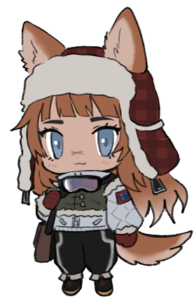 1girl :3 animal_ears bag baggy_pants black_footwear black_pants blue-tinted_eyewear blue_eyes blunt_bangs borrowed_character brown_bag brown_hair chibi closed_mouth cross_scar dog_ears dog_girl dog_tail full_body fur-trimmed_headwear fur-trimmed_jacket fur-trimmed_sleeves fur_hat fur_trim gloves goggles goggles_around_neck gradient_hair grey_jacket hand_up hat jacket lapithai long_sleeves looking_at_viewer lowres multicolored_hair original pants plaid_headwear red_gloves red_headwear satchel scar scar_on_face scar_on_nose simple_background ski_goggles solo standing tail tinted_eyewear transparent_background ushanka