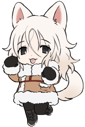 1girl :3 animal_ears black_eyes black_footwear black_gloves black_pants boots borrowed_character brown_coat chest_harness chibi closed_mouth coat dog_ears dog_girl dog_tail full_body fur-trimmed_coat fur-trimmed_sleeves fur_collar fur_trim gloves hair_between_eyes hands_up harness lapithai long_sleeves looking_at_viewer lowres original pants paw_pose samoyed_(dog) simple_background solo standing standing_on_one_leg tail tongue tongue_out transparent_background white_hair