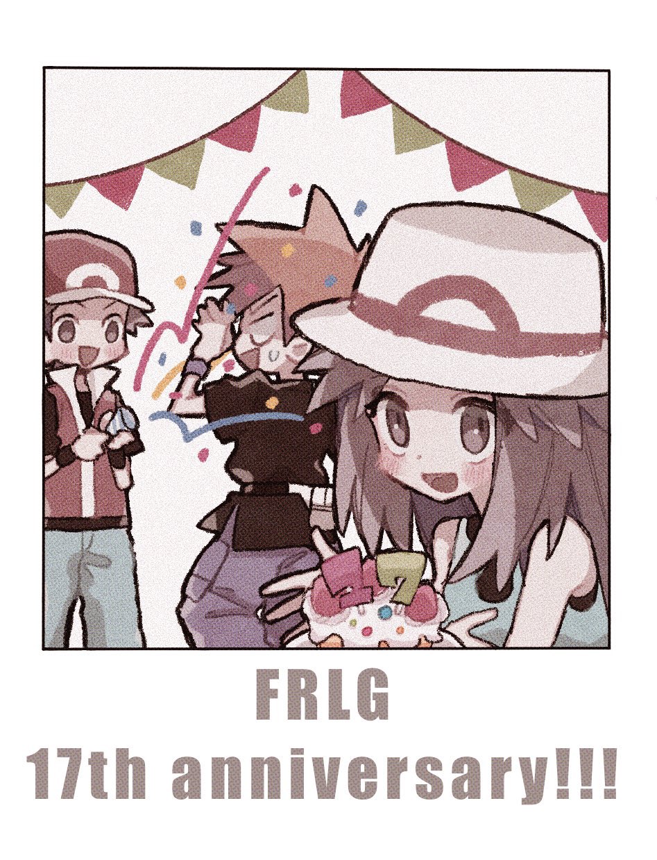 1girl 2boys anniversary arm_up banner baseball_cap black_border black_shirt black_wristband blank_eyes blue_oak blue_pants blue_shirt blush border brown_eyes brown_hair cake candle commentary confetti copyright_name dessert food fruit grey_background hands_up happy hat highres holding holding_cake holding_food leaf_(pokemon) long_hair looking_at_another looking_at_viewer mgomurainu multiple_boys open_mouth pants party_popper pokemon pokemon_frlg purple_pants red_(pokemon) red_headwear red_vest shirt short_sleeves sleeveless sleeveless_shirt smile spiky_hair strawberry surprised sweatdrop upper_body vest white_headwear