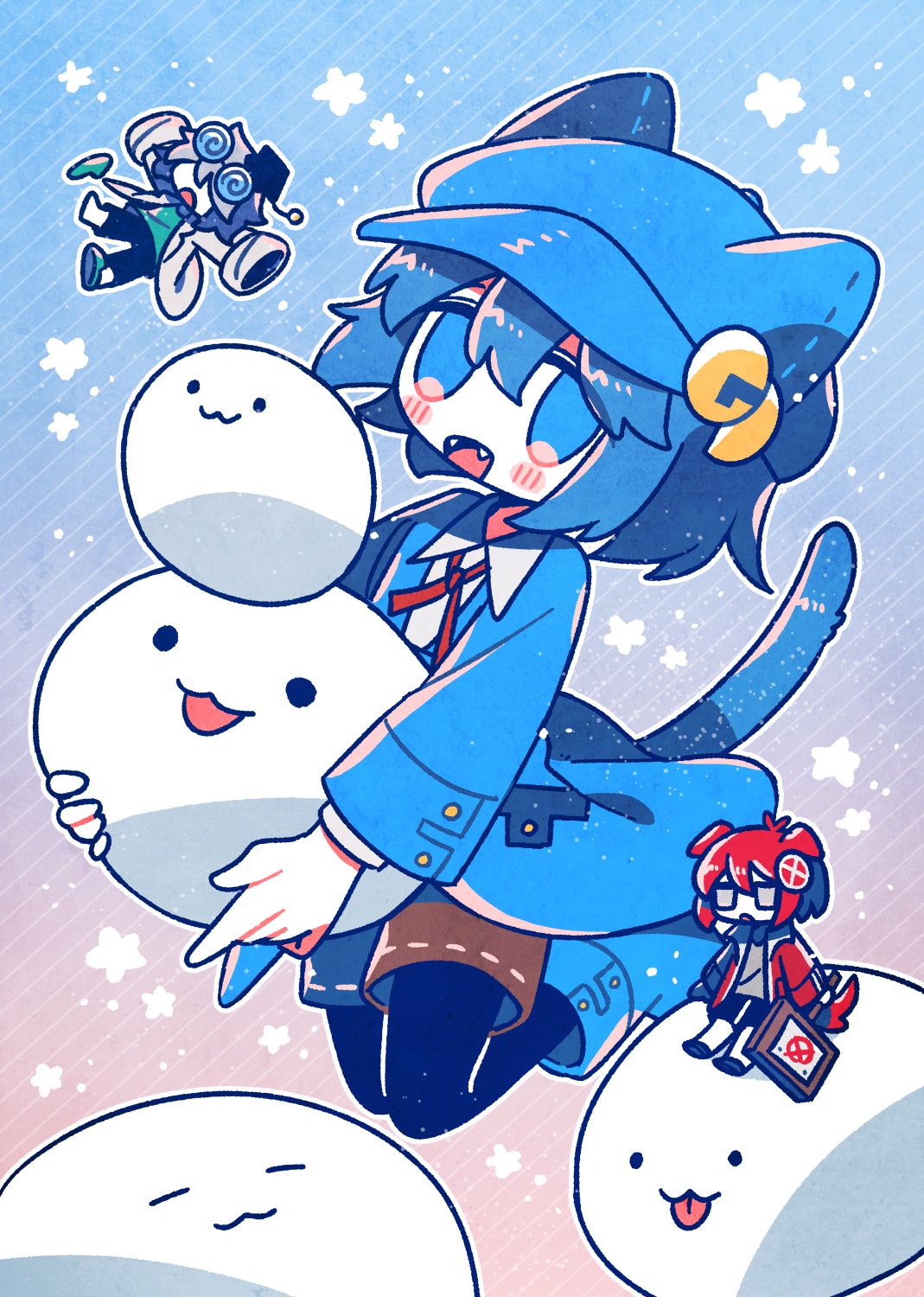 1other 2boys androgynous animal_ear_headwear animal_ears blue_background blue_eyes blue_hair blue_jacket blush_stickers boots brown_shorts cabbie_hat cat_tail chibi coke-bottle_glasses collared_shirt commentary covered_eyes creature debug_hakase_(yaigi) dog_ears dog_tail error-kun_(yaigi) eyewear_on_head fangs glasses godot-san_(yaigi) godot_(game_engine) gradient_background grey_eyes grey_hair hair_ornament hair_over_eyes hat highres holding holding_creature holding_sign jacket jitome lab_coat looking_at_viewer mini_person miniboy mortarboard multiple_boys neck_ribbon open_mouth pantyhose_under_shorts red_jacket red_ribbon redhead ribbon shirt short_hair shorts sign slippers smile starry_background symbol-only_commentary tail x x_hair_ornament yaigi