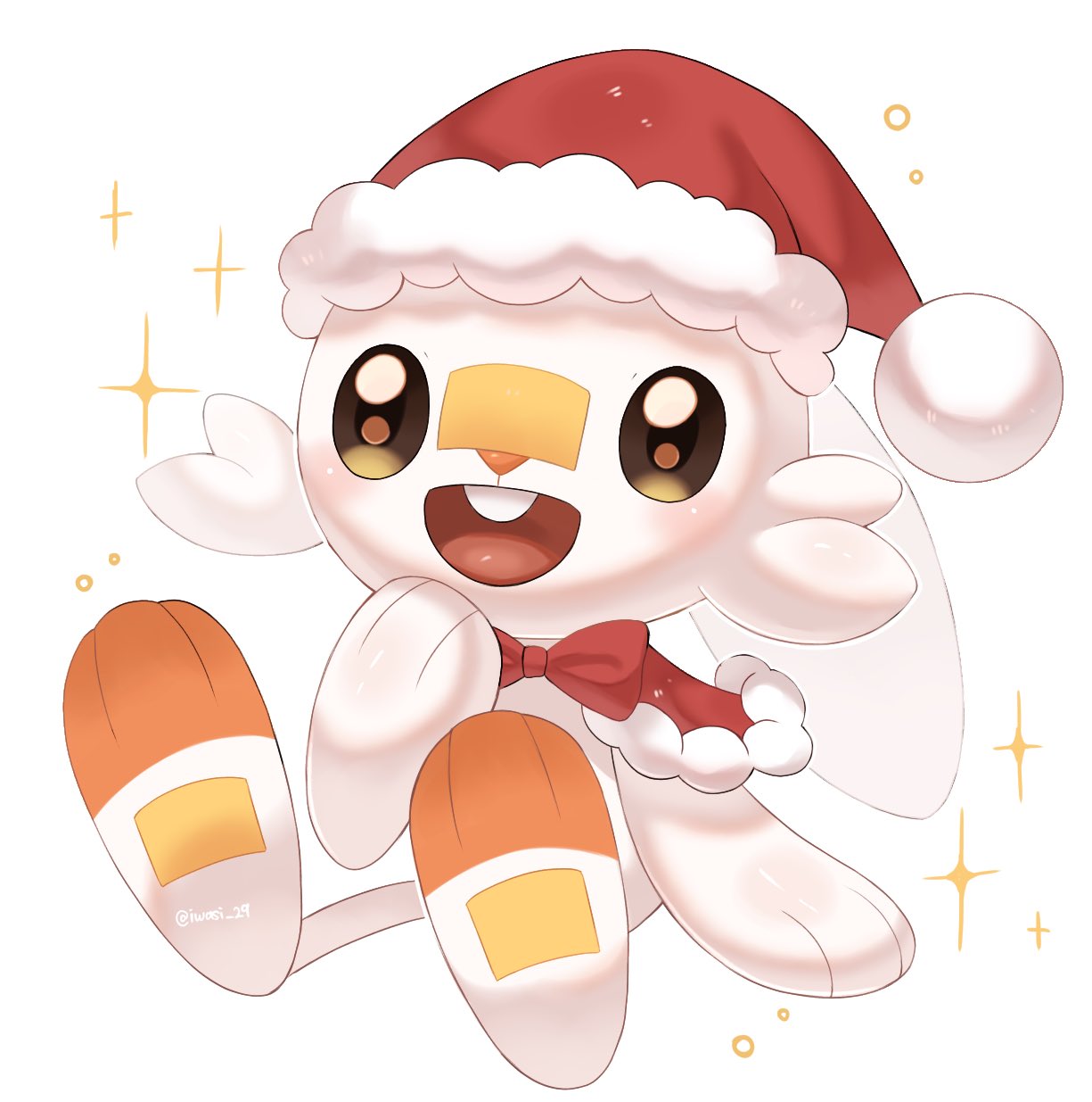 animal_focus bow bowtie brown_eyes commentary hat highres iwasi_29 no_humans open_mouth pokemon pokemon_(creature) rabbit red_bow red_bowtie santa_hat scorbunny simple_background sitting smile sparkle symbol-only_commentary teeth upper_teeth_only white_background white_fur