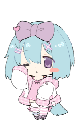 1girl :&lt; animal_ears blouse blue_hair blush_stickers borrowed_character bow chibi closed_mouth dog_ears dog_girl dog_tail full_body hair_between_eyes hair_ornament hairpin hand_up headband jacket lapithai looking_at_viewer lowres medium_hair one_eye_closed original pale_skin pink_footwear pink_jacket pink_socks purple_bow shirt simple_background sleeves_past_fingers sleeves_past_wrists socks solo standing striped striped_socks tail thigh-highs transparent_background violet_eyes white_jacket white_socks white_thighhighs