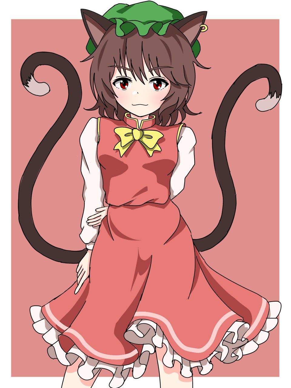 1girl animal_ear_piercing animal_ears arm_at_side arm_behind_back blush border bow bowtie breasts brown_hair cat_ears cat_tail chen commentary_request contrapposto cowboy_shot dress earrings frills green_headwear hat highres jewelry light_smile long_sleeves looking_at_viewer medium_hair mob_cap multiple_tails nekomata petticoat puffy_long_sleeves puffy_sleeves red_background red_dress red_eyes simple_background single_earring small_breasts solo standing tail tail_raised touhou two_tails white_border yellow_bow yellow_bowtie zheng3008451858