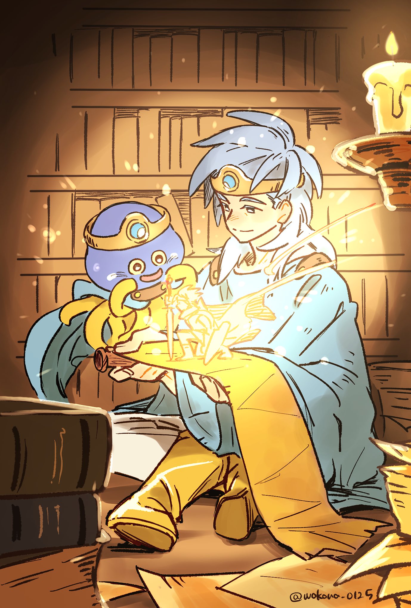 1boy blue_cape blue_cloak blue_eyes blue_gemstone blue_hair blue_pants book bookshelf boots candle cape circlet cloak closed_mouth commentary_request dragon_quest dragon_quest_iii full_body gem healslime hero_(dq3) highres holding holding_paper holding_scroll indian_style indoors knee_boots light light_particles medium_hair monster pants paper parchment roto_(dq3) sage_(dq3) scroll sitting smile twitter_username wakana_0125 yellow_footwear