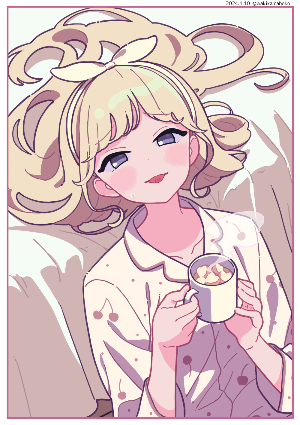 1girl bed_sheet blonde_hair brown_hairband brown_ribbon cherry_print collarbone collared_shirt commentary_request cup dated dress_shirt food_print hair_ribbon hairband hands_up highres holding holding_cup indoors long_hair long_sleeves looking_at_viewer mug neki_(wakiko) original pajamas print_pajamas print_shirt ribbon shirt solo steam tongue tongue_out twitter_username upper_body very_long_hair violet_eyes white_pajamas white_shirt
