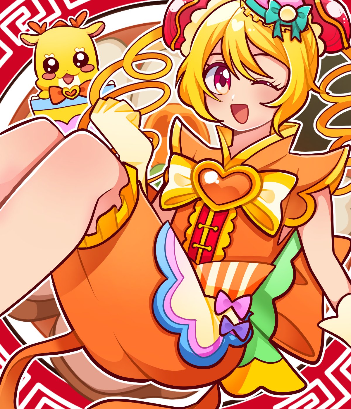 1girl 1jumangoku apron back_bow bare_arms bow bowtie brooch bun_cover center_frills clenched_hand collared_shirt commentary_request cure_yum-yum delicious_party_precure double_bun drill_hair eyelashes feet_out_of_frame food food-themed_background food_request fried_egg frilled_shorts frills fruit gloves hair_bun heart heart_brooch highres jewelry lapels light_blush long_hair looking_at_viewer magical_girl mem-mem_(precure) one_eye_closed open_mouth orange_(fruit) orange_bow orange_bowtie orange_shirt orange_shorts orange_slice outline pink_bow precure purple_bow red_eyes shirt short_sleeves shorts smile solo twin_drills waist_apron waist_bow white_apron white_bow white_bowtie white_gloves white_outline
