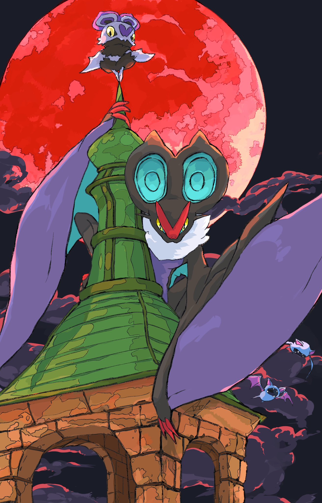 animal_focus aomon_(yuuji7604) bat_(animal) black_skin clouds colored_skin commentary evolutionary_line flying highres looking_at_viewer moon night night_sky no_humans noibat noivern pokemon pokemon_(creature) red_moon sky symbol-only_commentary tower wings yellow_eyes zubat