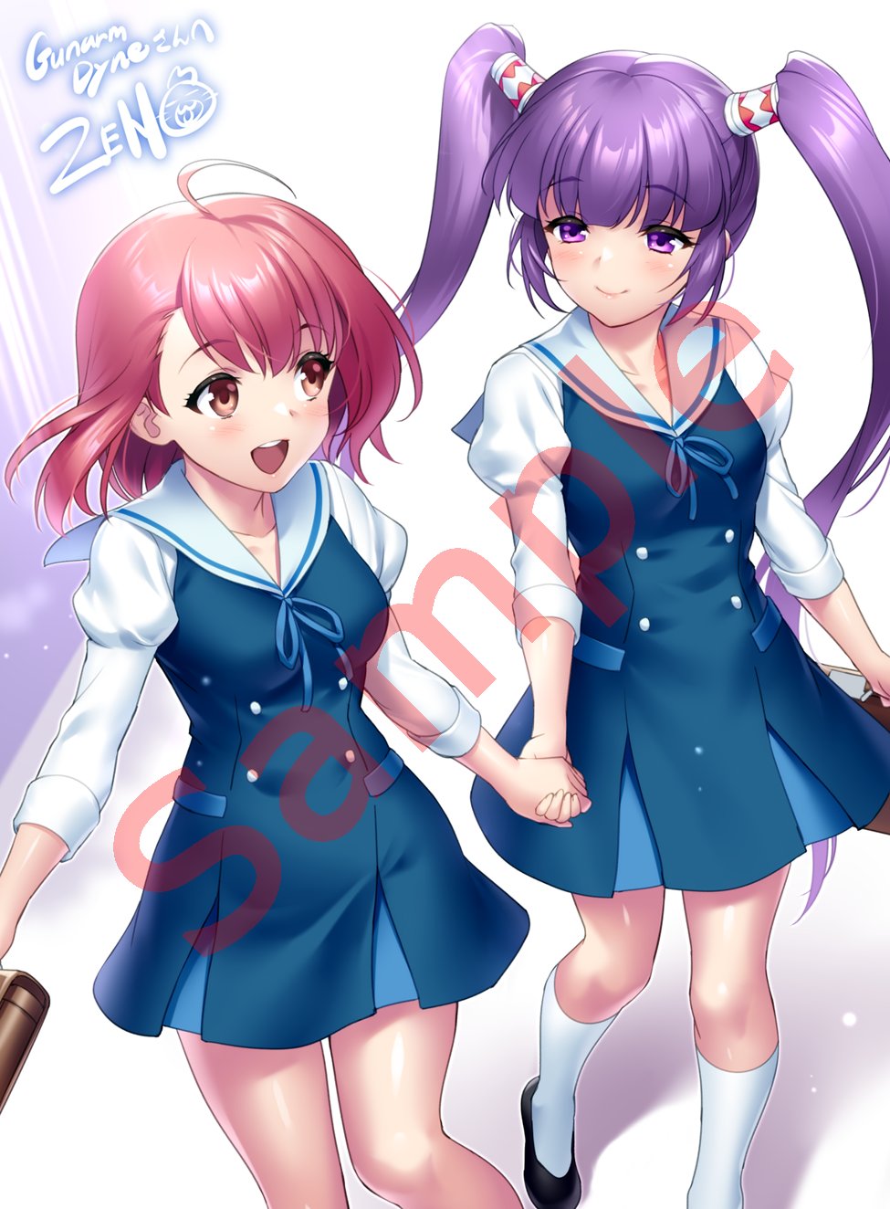 2girls :d ahoge alternate_costume bag blue_dress blue_ribbon blunt_bangs blush brown_eyes closed_mouth commentary commission crossover dress english_commentary eyelashes feet_out_of_frame floating_hair foot_out_of_frame hair_between_eyes highres holding holding_bag holding_hands juliet_sleeves kneehighs long_hair long_sleeves looking_at_another m.o.m.o. medium_hair multiple_girls neck_ribbon pink_hair puffy_sleeves purple_hair ribbon round_teeth sailor_collar sailor_dress sample_watermark second-party_source shirt short_dress signature skeb_commission sleeveless sleeveless_dress smile socks sophie_(tales) tales_of_(series) tales_of_graces teeth twintails upper_teeth_only very_long_hair violet_eyes watermark white_sailor_collar white_shirt white_socks xenosaga zen_(kamuro)