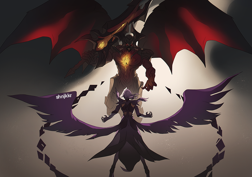 1boy 1girl aatrox angel_wings artist_name demon demon_horns demon_wings english_commentary feathered_wings fighting_stance glowing glowing_eyes gradient_background holding holding_sword holding_weapon horns league_of_legends long_hair looking_at_another morgana_(league_of_legends) multiple_wings purple_wings red_eyes shinjikokoro standing sword weapon wings