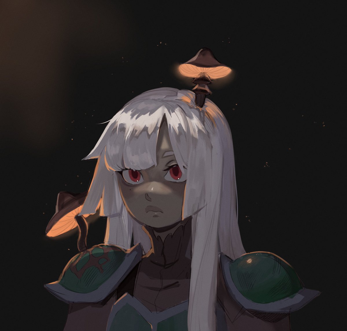 1girl armor commentary dungeons_and_dragons english_commentary expressionless eyebrows_hidden_by_hair light_particles long_hair mushroom_on_head original portrait red_eyes shoulder_armor smol_succubus solo turtleneck white_hair