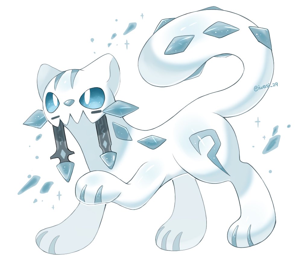animal_focus artist_name blue_eyes bright_pupils chien-pao commentary ice iwasi_29 no_humans pokemon pokemon_(creature) snow_leopard sparkle symbol-only_commentary tail twitter_username whiskers white_background white_fur