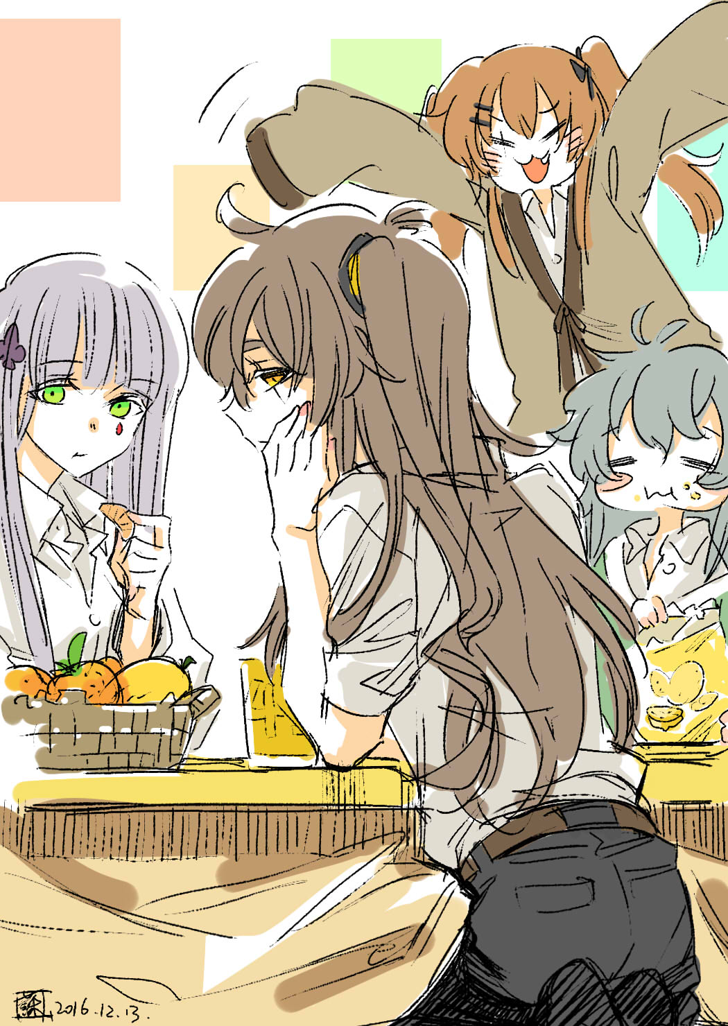 404_(girls'_frontline) 4girls :3 :t =_= arms_up bag_of_chips basket black_ribbon black_shorts blunt_bangs blush blush_stickers brown_hair casual cheek_rest chinese_commentary closed_eyes closed_mouth club_hair_ornament commentary_request cup dated eating elbow_rest elbows_on_table fang food food_on_face fruit g11_(girls'_frontline) girls_frontline green_eyes grey_hair hair_between_eyes hair_ornament hair_ribbon hairclip highres hk416_(girls'_frontline) holding holding_food kotatsu looking_at_viewer looking_to_the_side mandarin_orange multiple_girls one_side_up orange_(fruit) orange_slice outstretched_arms ribbon scar scar_across_eye seiza shirt short_sleeves shorts simple_background sitting sleeves_past_fingers sleeves_past_wrists square su_xiao_jei table teardrop_facial_mark twintails ump45_(girls'_frontline) ump9_(girls'_frontline) white_background white_shirt yellow_eyes