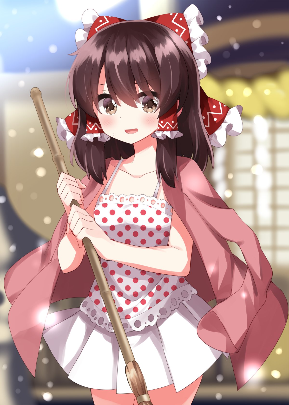 1girl alternate_costume blush bow broom brown_eyes brown_hair coat coat_on_shoulders collarbone commentary_request frilled_bow frilled_hair_tubes frills hair_bow hair_tubes hakurei_reimu hakurei_shrine highres holding holding_broom long_sleeves medium_hair miniskirt open_clothes open_coat open_mouth pink_coat pleated_skirt polka_dot polka_dot_shirt red_bow ruu_(tksymkw) shirt sidelocks skirt sleeveless sleeveless_shirt solo spaghetti_strap touhou white_shirt white_skirt