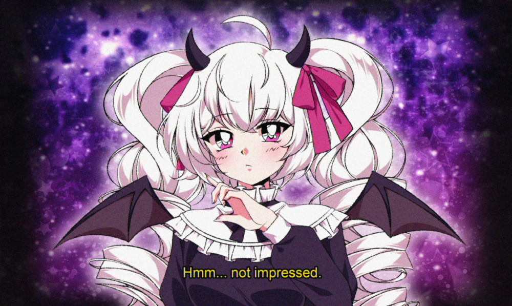 1990s_(style) 1girl black_border black_horns black_ribbon black_shirt black_sleeves black_wings border bow closed_mouth collar commentary commission demon_girl demon_horns demon_wings drill_hair english_commentary english_text fingernails frilled_collar frills frown hair_bow hand_up high_collar horns light_blush long_hair long_sleeves neck_ribbon nyahallo_(rambonyankitty) original outside_border pink_bow pink_eyes puffy_long_sleeves puffy_sleeves retro_artstyle ribbon shirt simple_background solo space star_(symbol) twin_drills twintails upper_body very_long_hair white_collar white_hair wings