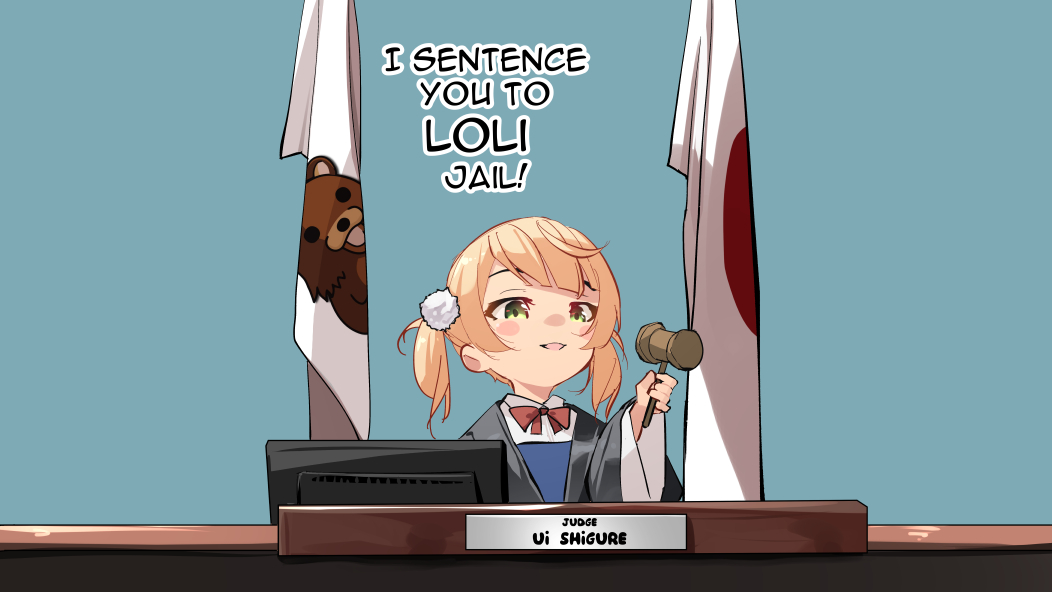 1girl blush_stickers commentary english_commentary english_text green_eyes hair_ornament hammer holding holding_hammer indie_virtual_youtuber japanese_flag judge open_mouth pedobear pom_pom_(clothes) pom_pom_hair_ornament shigure_ui_(vtuber) shigure_ui_(young)_(vtuber) short_hair solo sydus twintails virtual_youtuber