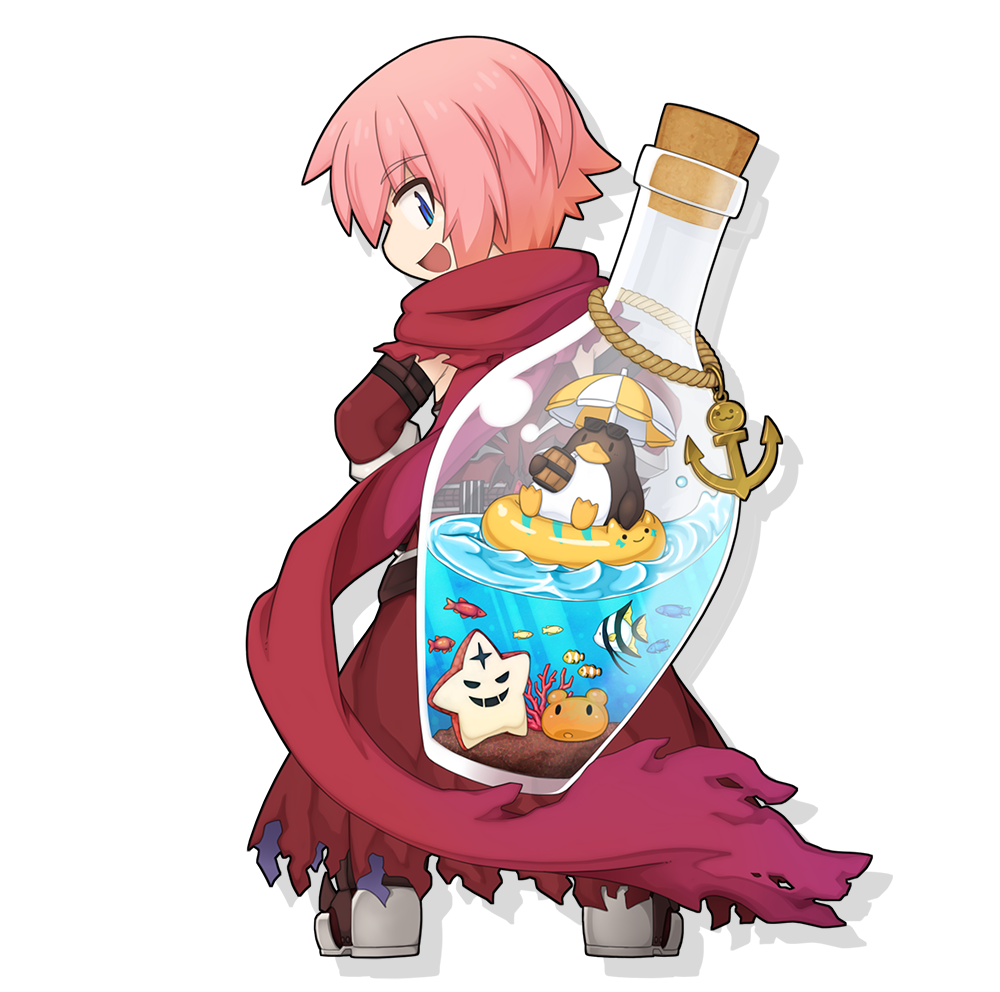 1boy :d anchor_ornament aquarium back bird blue_eyes brown_cape brown_gloves brown_shirt cape clownfish commentary_request coral cork fish from_behind full_body galapago_(ragnarok_online) galapagos_penguin gloves guillotine_cross_(ragnarok_online) looking_at_viewer looking_back medium_bangs official_alternate_costume official_art open_mouth penguin pink_hair poring ragnarok_online red_eruma red_scarf scarf shirt short_hair simple_background siorava sleeveless sleeveless_shirt slime_(creature) smile standing starfish transparent_background water yellow_innertube yuichirou