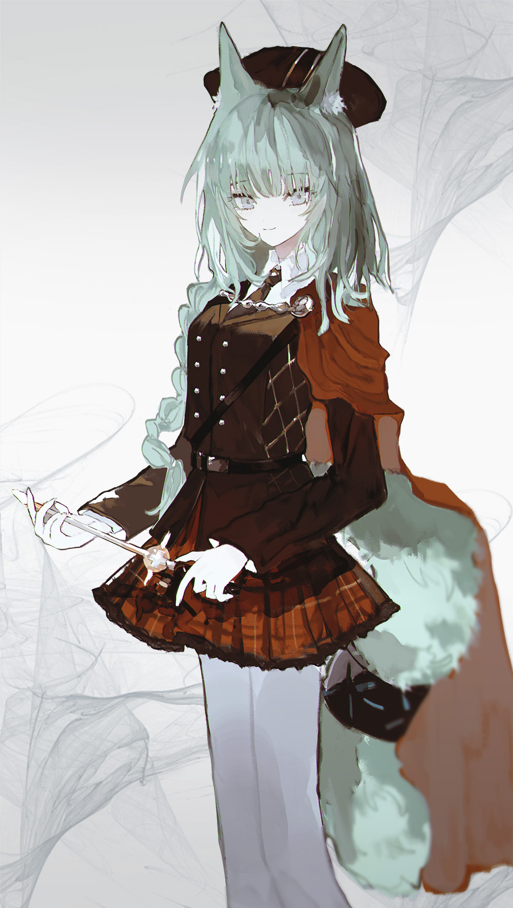 1girl animal_ear_fluff animal_ears arknights beret black_headwear black_necktie black_vest braid cape cat_ears cat_girl cat_tail collared_shirt cowboy_shot green_eyes green_hair harmonie_(arknights) harmonie_(invitation)_(arknights) hat highres long_hair long_sleeves looking_at_viewer necktie pale_skin pantyhose plaid plaid_skirt pleated_skirt red_cape red_skirt shirt simple_background skirt smile solo tail tail_ornament tail_ring teriyaki_(chicken_oji) vest white_background white_pantyhose white_shirt