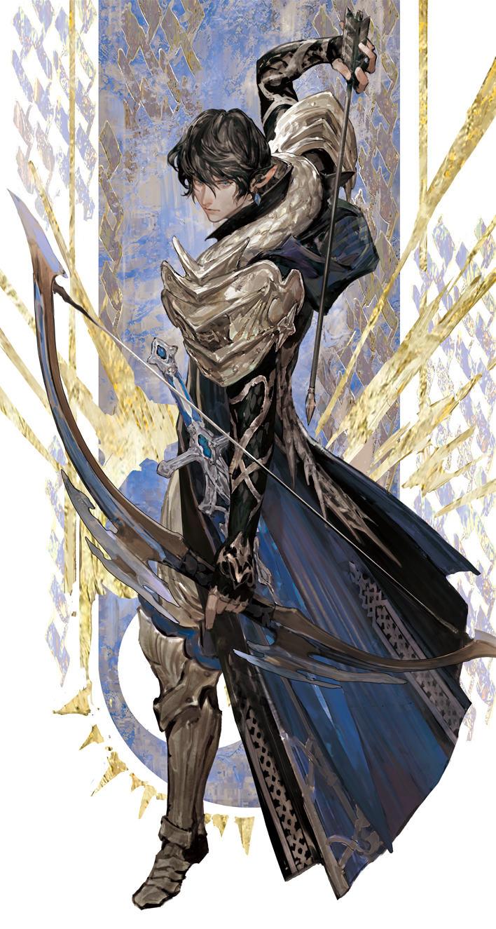 1boy arm_up armor arrow_(projectile) aymeric_de_borel black_coat black_gloves black_hair blue_eyes bow_(weapon) chinese_commentary coat earrings elbow_gloves elezen elf final_fantasy final_fantasy_xiv fingerless_gloves from_above full_body gloves greaves hangleing highres holding holding_arrow holding_bow_(weapon) holding_weapon hood hood_down hooded_coat jewelry looking_at_viewer male_focus pauldrons pointy_ears serious short_hair shoulder_armor solo standing sword weapon white_background