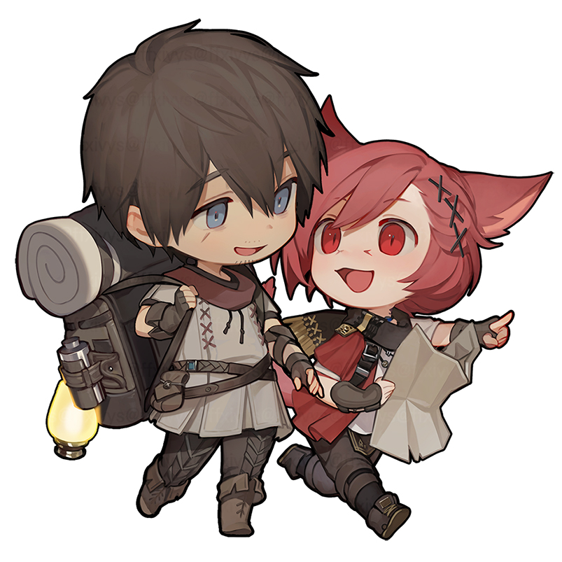 2boys :d adventurer_(ff14) animal_ears backpack bag belt belt_pouch black_scarf blue_eyes boots brown_footwear brown_gloves brown_hair brown_pants cat_boy cat_ears cat_tail chibi elbow_gloves eye_contact facial_mark ffxivys final_fantasy final_fantasy_xiv fingerless_gloves fringe_trim from_side full_body g'raha_tia gloves grey_shirt hair_ornament holding holding_map holding_strap hyur jacket jewelry knee_boots looking_at_another male_focus map miqo'te multiple_boys oil_lamp open_mouth outstretched_arm pants pendant pointing pointing_forward pouch red_eyes red_jacket redhead running scar scar_on_cheek scar_on_face scarf shirt short_hair shoulder_belt simple_background slit_pupils smile swept_bangs tail walking warrior_of_light_(ff14) white_background x_hair_ornament